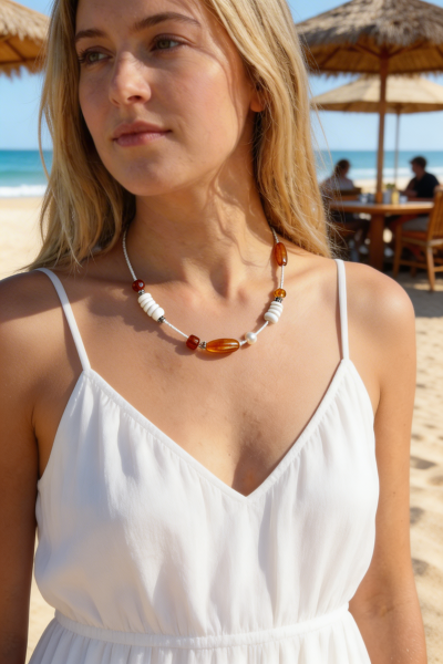 Halskette Muschel Perle Weiss Orange