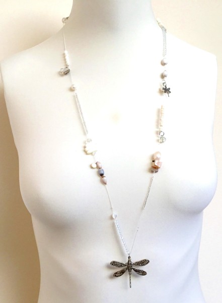 Fiva Summer Necklace Cream White Pearl Silk dragonfly