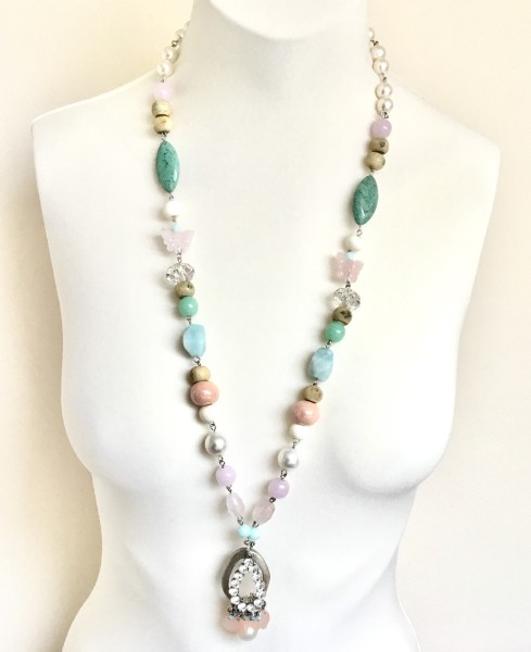 Summer necklace, long, pastel-colored turquoise