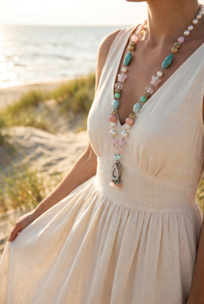 Summer necklace, long, pastel-colored turquoise