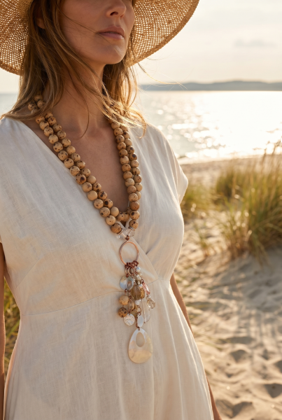 Halskette Holz-Perlmutt Beige Braun